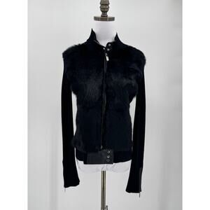 Vintage Cabo Black Rabbit Fur Long Sleeve Full Zip Sweater Jacket Sz L